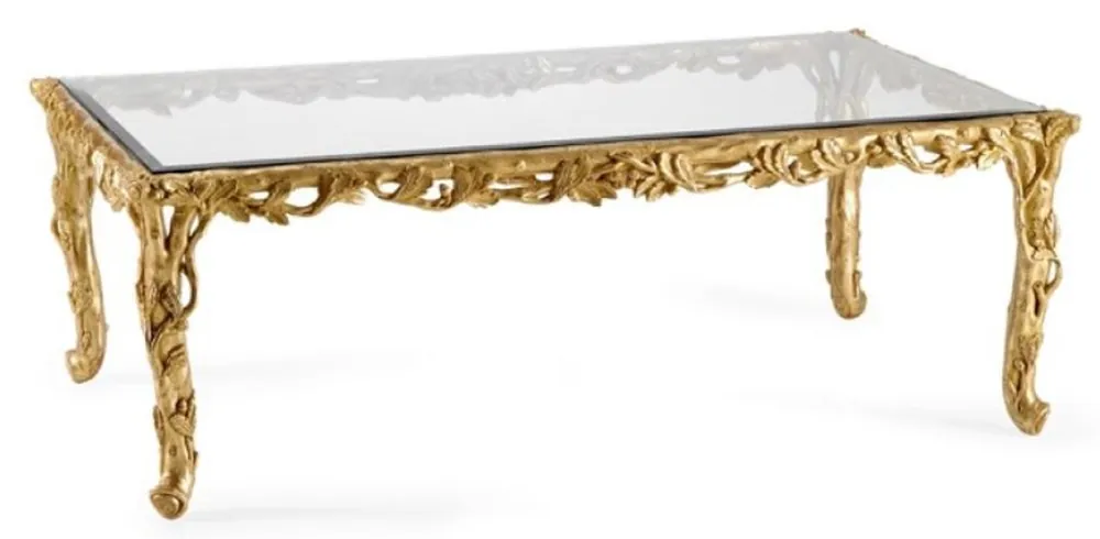 Casa Padrino Luxus Barock Couchtisch mit Glasplatte Gold - Prunkvoller Wohnzimmertisch im Barockstil - Barock Möbel - Barock Interior - Edel & Prunkvoll - Luxus Qualität - Made in Italy Direkt Vom Hersteller