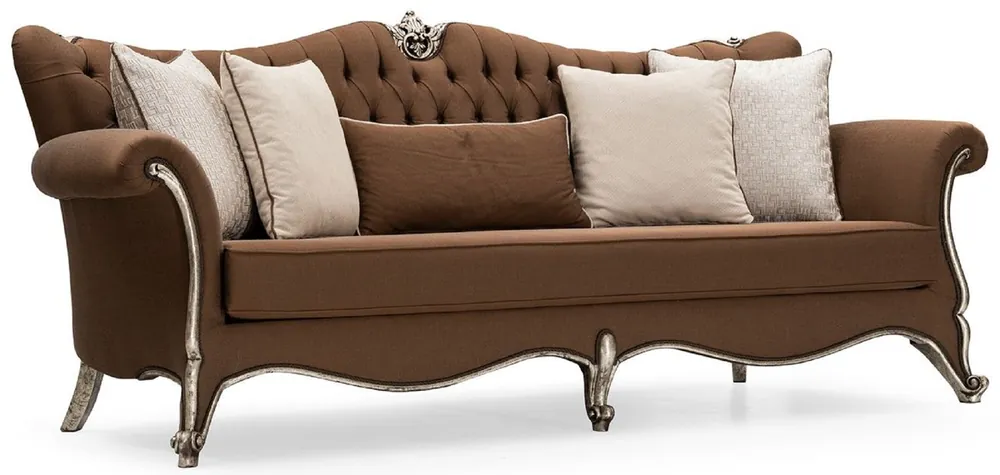 Casa Padrino Luxus Barock Wohnzimmer Sofa Braun / Antik Silber - Handgefertigtes Barockstil Sofa mit dekorativen Kissen - Luxus Wohnzimmer Möbel im Barockstil - Barock Möbel - Edel & Prunkvoll Echt