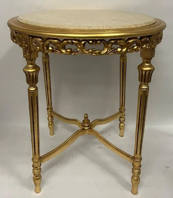Ausverkauf Casa Padrino Barock Beistelltisch Gold / Beige - 60 x H 70 cm Runder Antik Stil Massivholz Tisch mit Marmorplatte - Wohnzimmer Möbel im Barockstil - Antik Stil Möbel - Barock Möbel