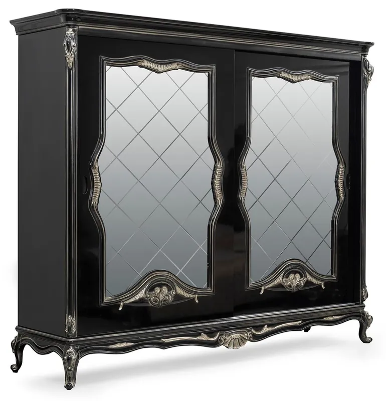 Casa Padrino Luxus Barock Schlafzimmerschrank Schwarz / Silber - Prunkvoller Massivholz Schrank mit 2 verspiegelten Schiebetüren - Barock Kleiderschrank - Barock Schlafzimmer Möbel Sonderaktion