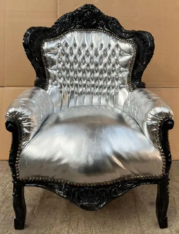 Beliebt Casa Padrino Barock Sessel Silber / Schwarz - Handgefertigter Massivholz Wohnzimmer Sessel mit Kunstleder - Antik Stil Wohnzimmer Sessel - Barock Wohnzimmer Möbel