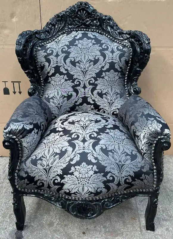 Casa Padrino Barock Sessel Silber Muster / Schwarz - Handgefertigter Massivholz Wohnzimmer Sessel - Antik Stil Wohnzimmer Sessel - Wohnzimmer Möbel im Barockstil - Barock Möbel Sichere Zahlung