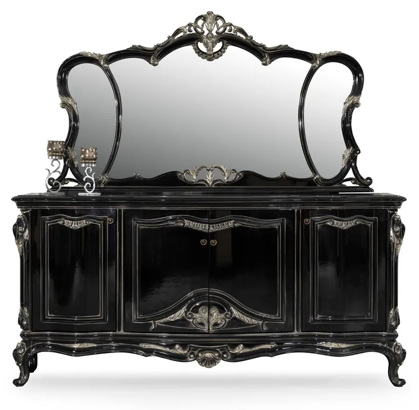 Casa Padrino Luxus Barock Sideboard mit Spiegel Schwarz / Silber - Luxus Möbel Möbel im Barockstil - Barock Möbel - Barock Einrichtung - Edel & Prunkvoll Solange Der Vorrat Reicht
