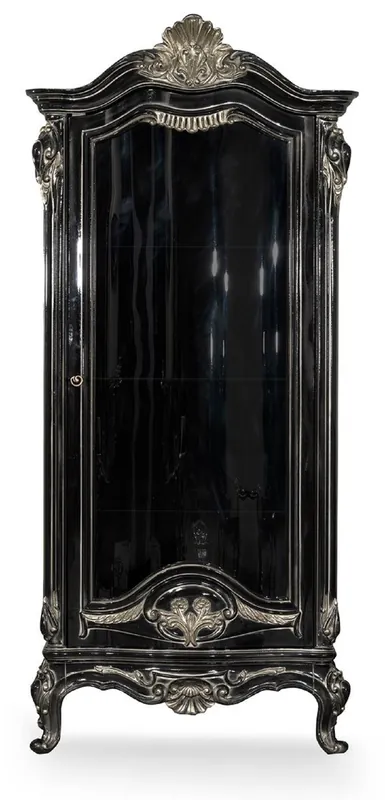 Kracherpreis Casa Padrino Luxus Barock Vitrine Schwarz / Silber - Prunkvoller Massivholz Vitrinenschrank mit Glastür - Handgefertigte Barock Möbel - Edel & Prunkvoll
