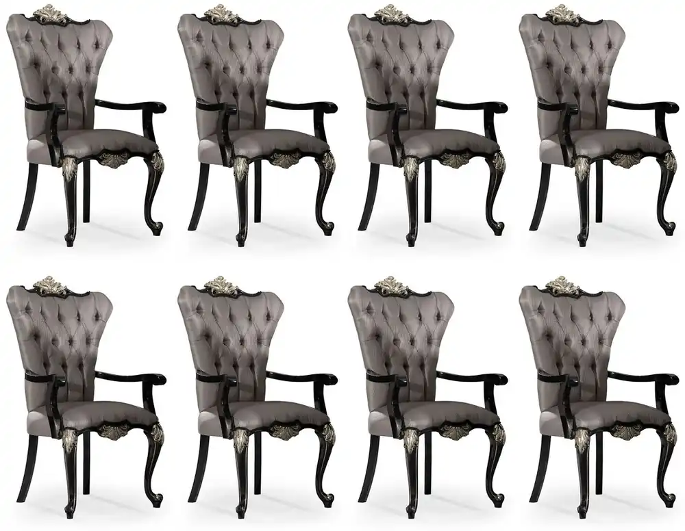 Expressversand Casa Padrino Luxus Barock Esszimmer Stuhl 8er Set mit Armlehnen Silber / Schwarz / Silber - Prunkvolle Barockstil Küchen Stühle - Luxus Barock Esszimmer Möbel - Edel & Prunkvoll