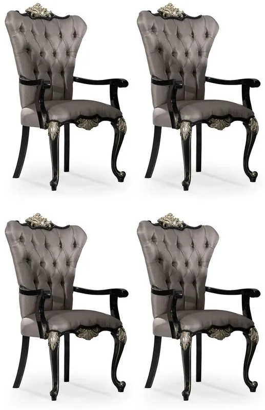 Kracherpreis Casa Padrino Luxus Barock Esszimmer Stuhl 4er Set mit Armlehnen Silber / Schwarz / Silber - Prunkvolle Barockstil Küchen Stühle - Luxus Barock Esszimmer Möbel - Edel & Prunkvoll