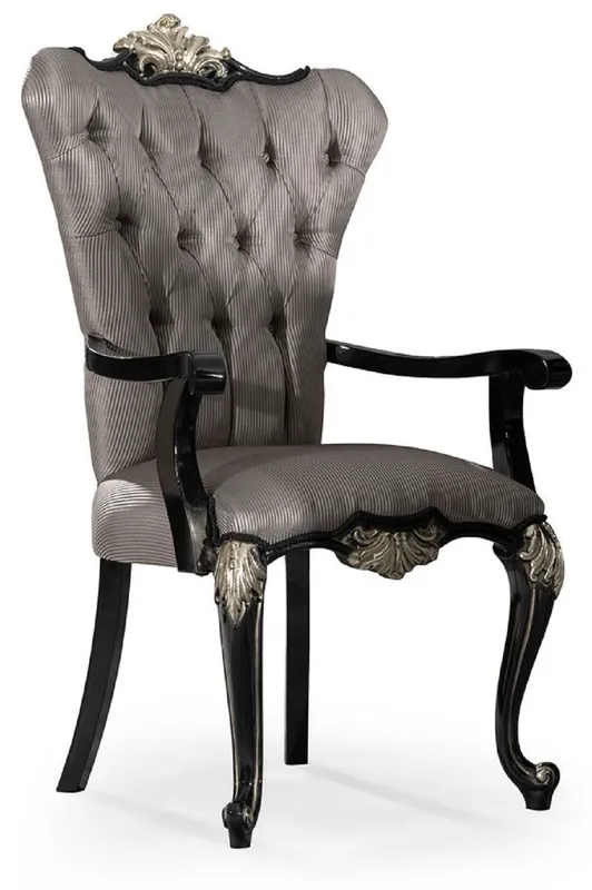 Mega-Angebot Casa Padrino Luxus Barock Esszimmer Stuhl mit Armlehnen Silber / Schwarz / Silber - Prunkvoller Barockstil Küchen Stuhl - Luxus Esszimmer Möbel im Barockstil - Barock Möbel - Edel & Prunkvoll