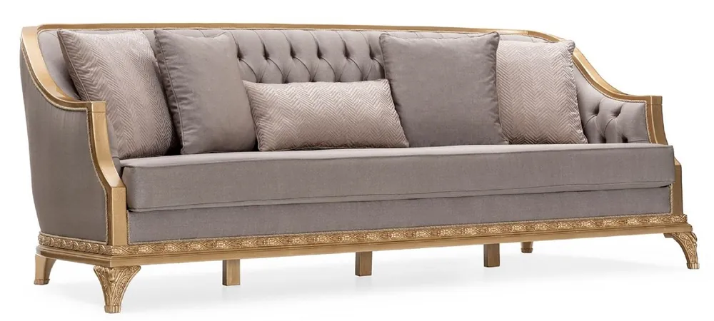 Casa Padrino Luxus Barock Wohnzimmer Sofa Grau / Gold - Handgefertigtes Barockstil Sofa mit dekorativen Kissen - Luxus Wohnzimmer Möbel im Barockstil - Barock Möbel Saisonangebot