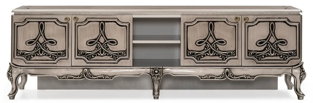 Casa Padrino Luxus Barock TV Schrank Silber - Prunkvolles Massivholz Sideboard mit 4 Türen - Luxus Wohnzimmer Möbel im Barockstil - Barock Möbel - Edel & Prunkvoll Ausverkauf