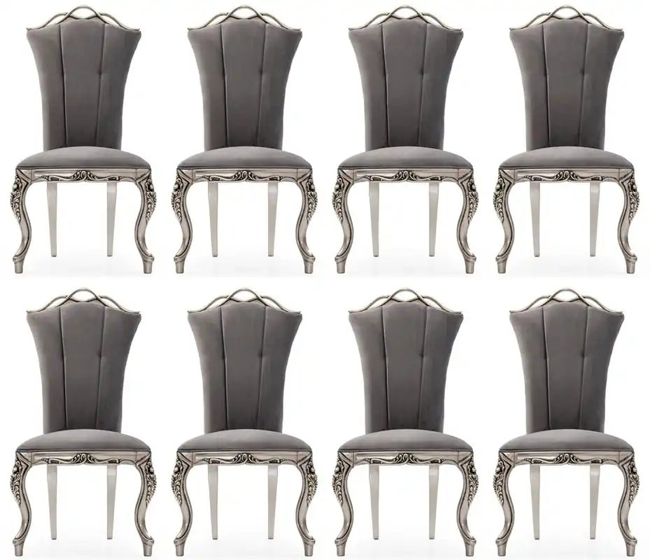 Casa Padrino Luxus Barock Esszimmer Stuhl 8er Set Grau / Silber - Prunkvolle Barockstil Küchen Stühle - Luxus Esszimmer Möbel im Barockstil - Barock Esszimmer Möbel - Barockstil Möbel Heißes Angebot