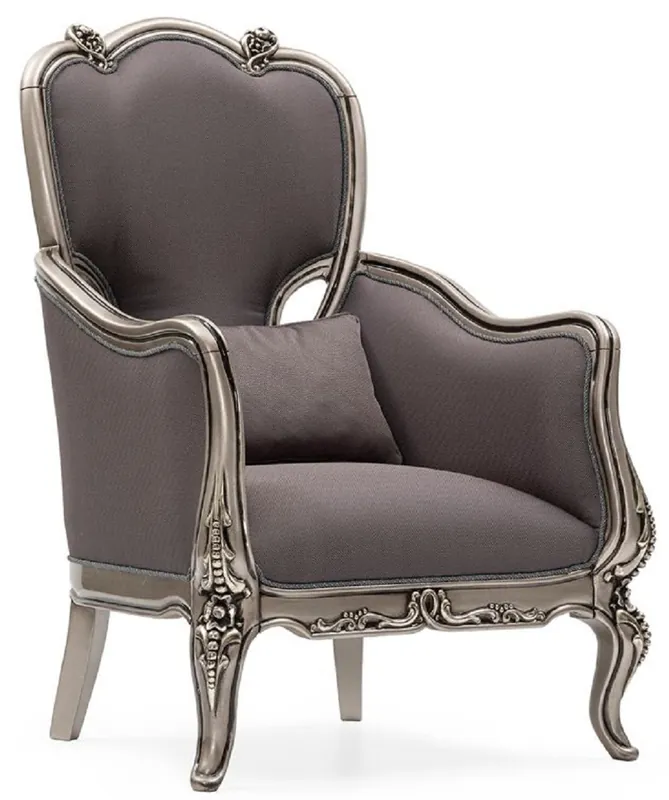 Casa Padrino Luxus Barock Wohnzimmer Sessel Grau / Silber - Handgefertigter Barockstil Sessel mit dekorativem Kissen - Luxus Wohnzimmer Möbel im Barockstil - Barock Möbel - Edel & Prunkvoll Saisonangebot