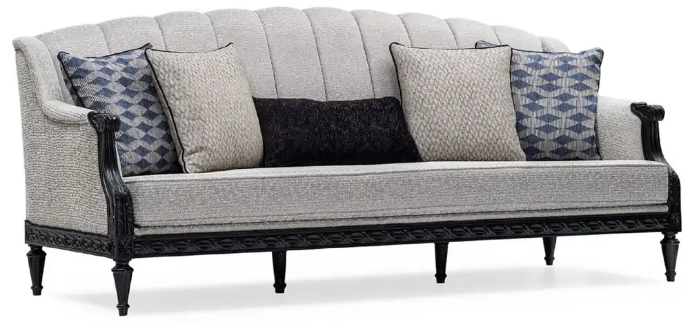 Casa Padrino Luxus Barock Wohnzimmer Sofa Silber / Schwarz - Handgefertigtes Barockstil Sofa mit dekorativen Kissen - Barock Möbel - Luxus Wohnzimmer Möbel im Barockstil - Edel & Prunkvoll Highlight