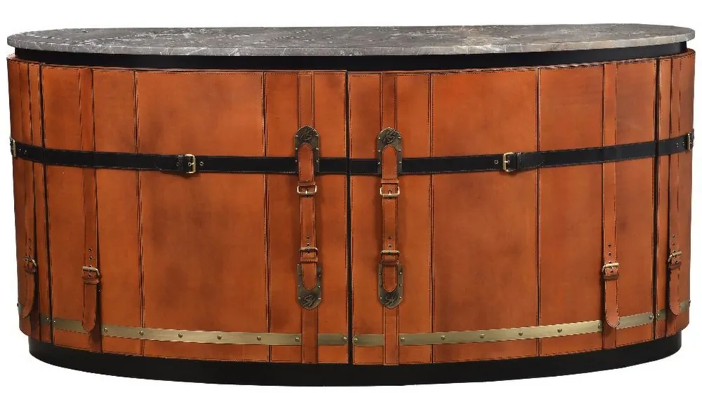 Markenprodukt Casa Padrino Luxus Sideboard Braun / Schwarz / Grau / Messing 184 x 48 x H. 87 cm - Gebogener Massivholz Schrank mit 2 Türen und Marmorplatte - Wohnzimmer Möbel - Luxus Möbel