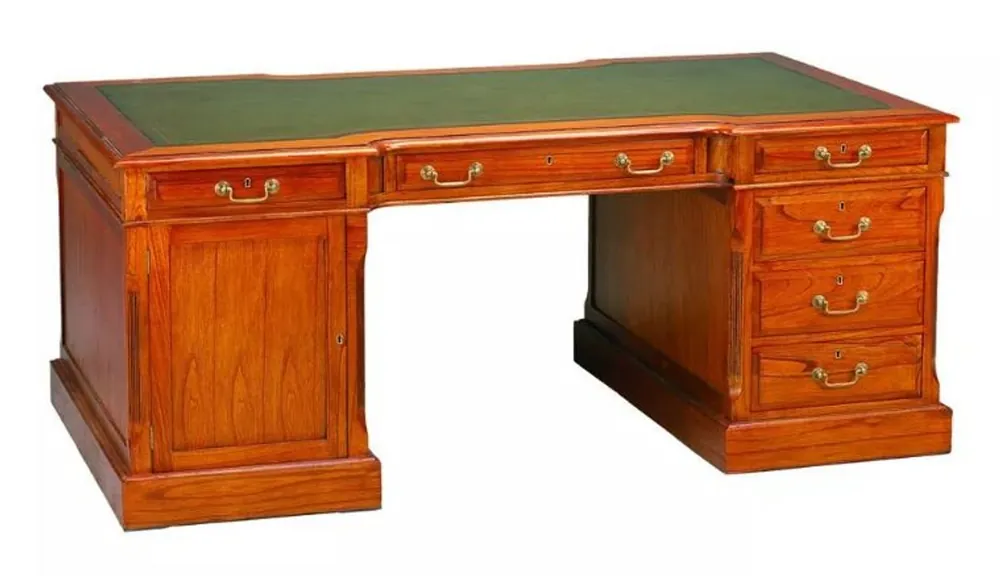 Preisknaller Casa Padrino Luxus Schreibtisch Hellbraun / Echtleder Grün 190 x 105 x H. 79 cm - Massivholz Antik Stil Sekretär mit 6 Schubladen