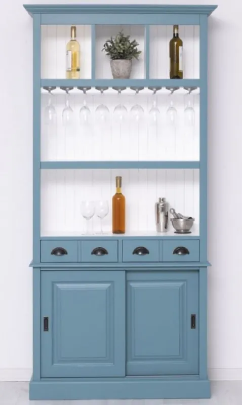 Casa Padrino Landhausstil Massivholz Barschrank Blau / Weiß 103 x 36 x H. 210 cm - Massivholz Weinschrank im Landhausstil - Massivholz Bar Möbel - Landhausstil Bar Möbel Geprüft