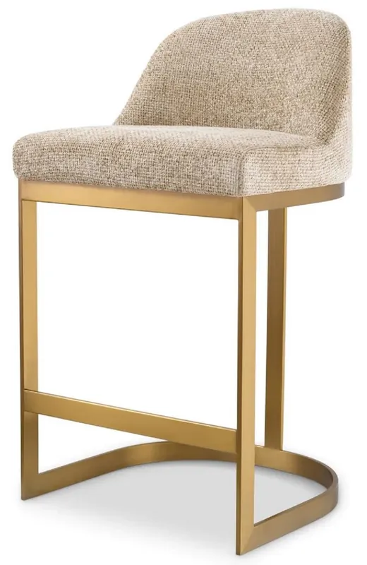 Casa Padrino Luxus Barstuhl Sandfarben / Messing 53 x 48 x H. 91 cm - Gepolsterter Edelstahl Barhocker - Bar Möbel - Luxus Möbel - Luxus Qualität Beliebt