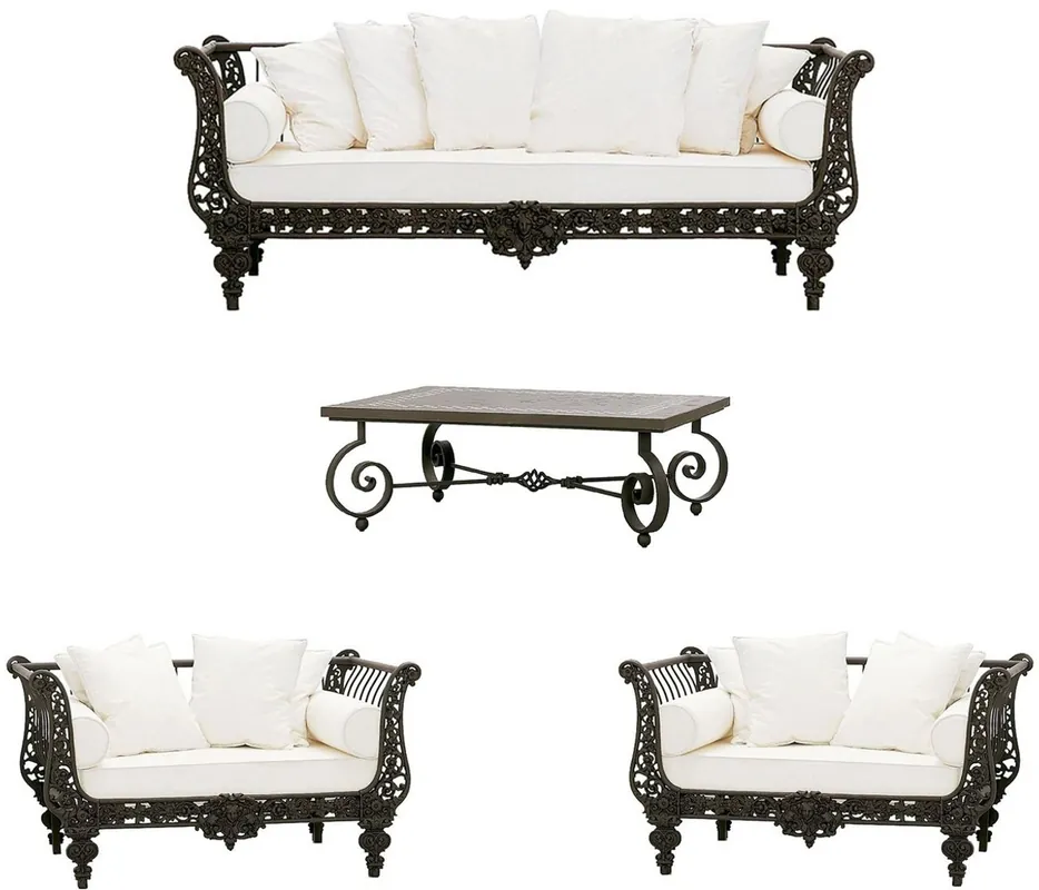 Direkt Vom Hersteller Casa Padrino Luxus Barock Schmiedeeisen Möbel Set Dunkelbraun / Weiß - 1 Luxus Sofa & 2 Luxus Sessel & 1 Luxus Couchtisch - Wohnzimmer Möbel - Garten Möbel - Hotel Möbel - Luxus Barock Möbel