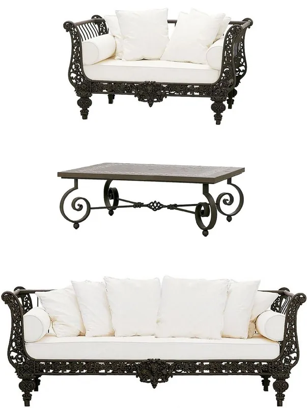 Casa Padrino Luxus Barock Schmiedeeisen Möbel Set Dunkelbraun / Weiß - 1 Luxus Sofa & 1 Luxus Sessel & 1 Luxus Couchtisch - Wohnzimmer Möbel - Garten Möbel - Hotel Möbel - Luxus Barock Möbel Schnäppchen