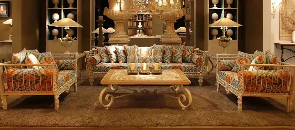 Casa Padrino Luxus Barock Schmiedeeisen Möbel Set Grün / Orange / Weiß - 1 Luxus Sofa & 2 Luxus Sessel & 1 Luxus Couchtisch - Wohnzimmer Möbel - Garten Möbel - Hotel Möbel - Luxus Barock Möbel Mega-Angebot