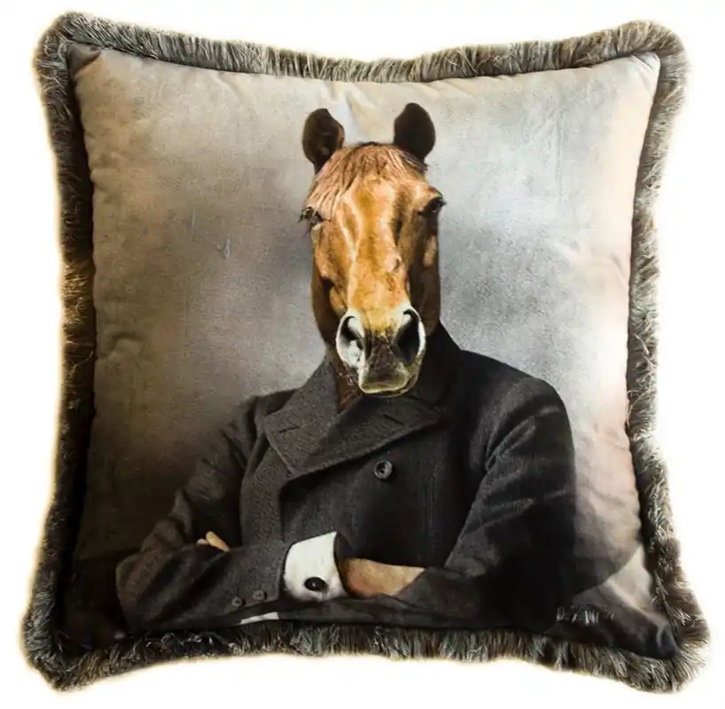 Markenware Casa Padrino Luxus Deko Kissen Gentleman Pferd Mehrfarbig 45 x 45 cm - Bedrucktes Samt Kissen mit Fransen - Luxus Deko Accessoires