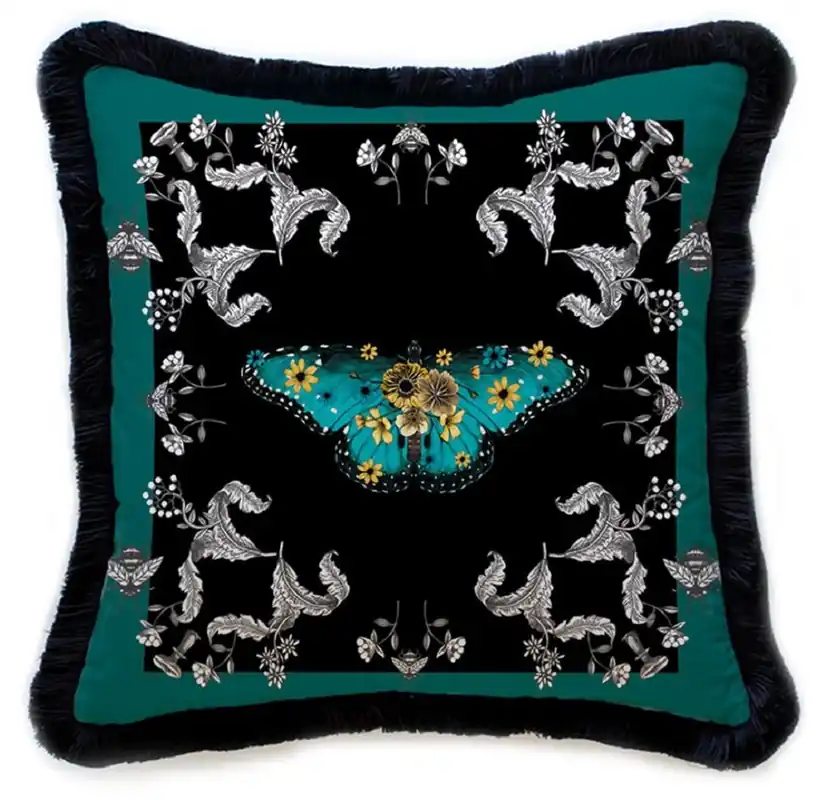 Expressversand Casa Padrino Luxus Deko Kissen Schmetterling & Blumen Mehrfarbig / Schwarz 45 x 45 cm - Bedrucktes Samt Kissen mit Fransen - Luxus Deko Accessoires