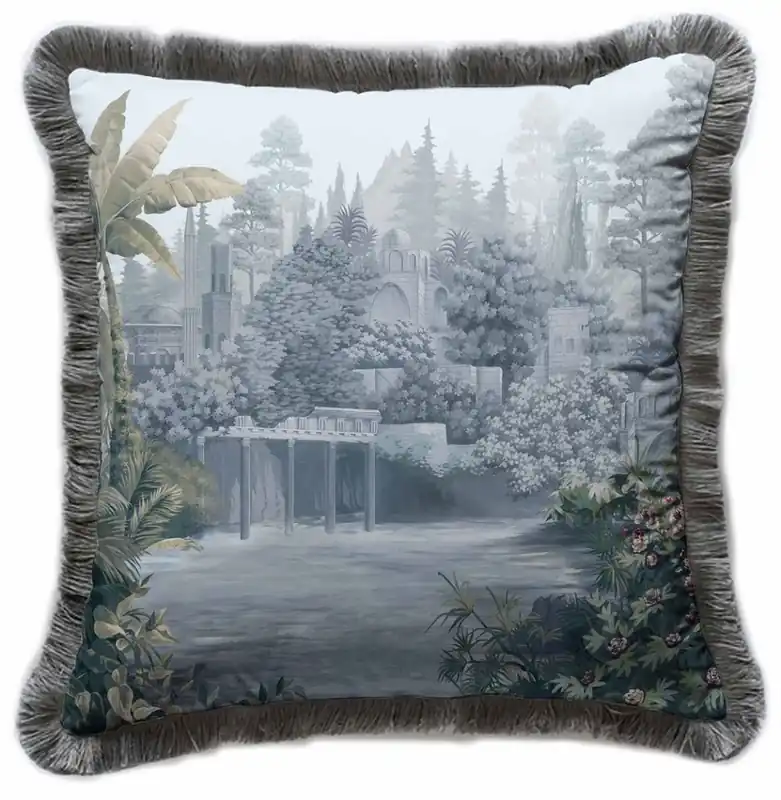 Casa Padrino Luxus Deko Kissen antike Landschaft Mehrfarbig / Grau 45 x 45 cm - Bedrucktes Samt Kissen mit Fransen - Luxus Deko Accessoires Neue Ware