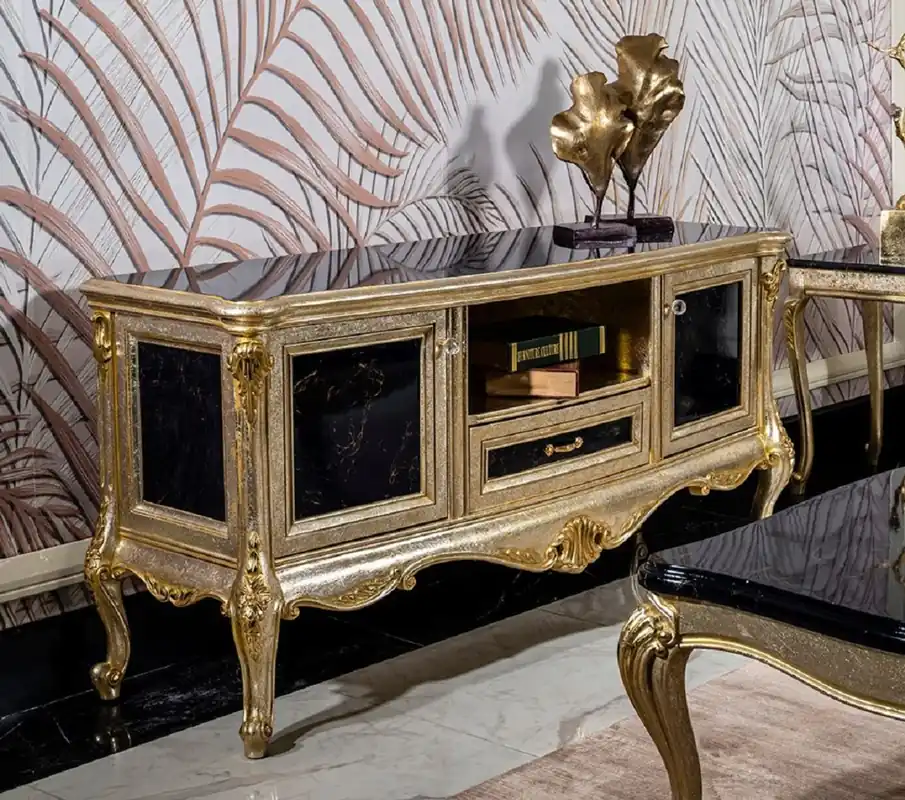 Highlight Casa Padrino Luxus Barock TV Schrank Silber / Schwarz / Gold - Prunkvolles Massivholz Sideboard mit 2 Türen und Schublade - Wohnzimmer Möbel im Barockstil - Barock Möbel - Edel & Prunkvoll
