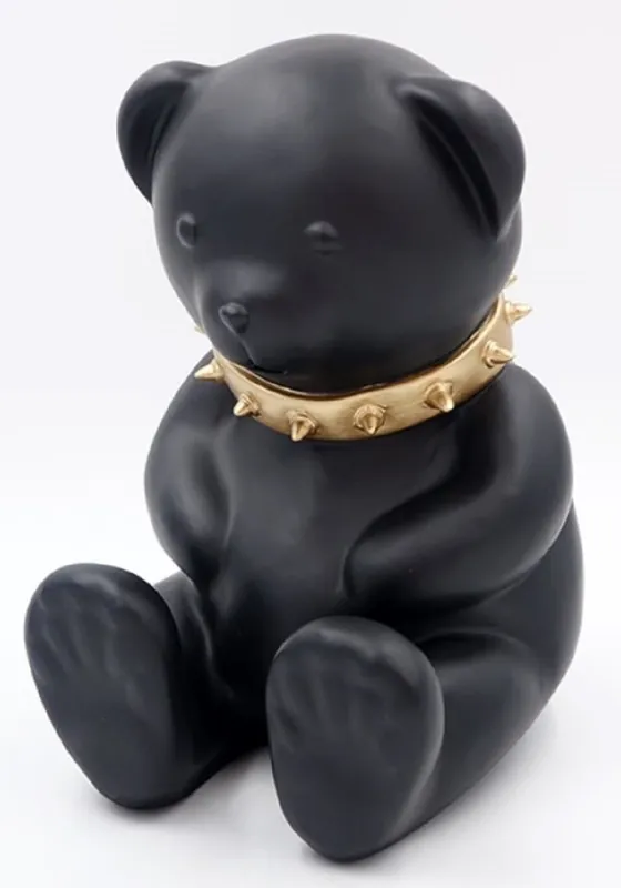 Finale Aktion Casa Padrino Luxus Designer Dekofigur Teddybär mit Halsband Schwarz / Gold H. 31 cm - Kunstharz Deko Skulptur - Luxus Deko Figur - Designer Deko Figur - Luxus Accessoires