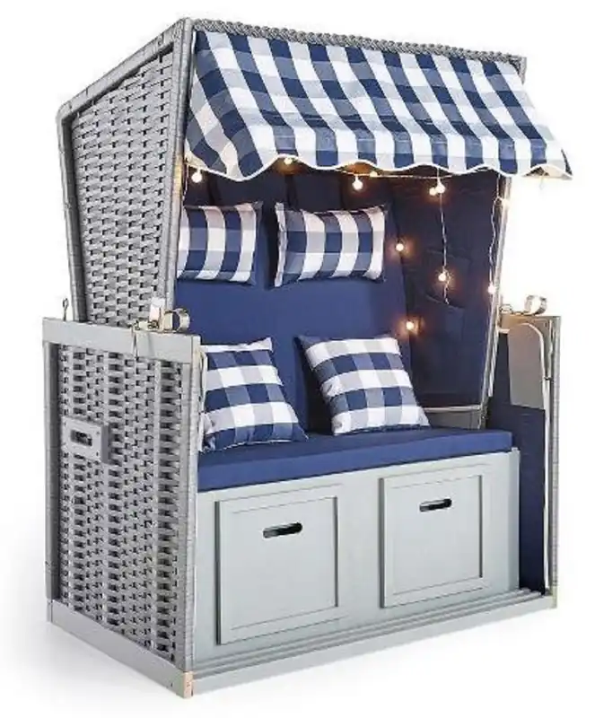 Neuheit Casa Padrino Strandkorb Grau / Blau / Weiß 116 x 76 x H. 160 cm - Holz Strandkorb mit Dach und LED Beleuchtung - Garten Möbel - Pool Möbel - Outdoor Möbel
