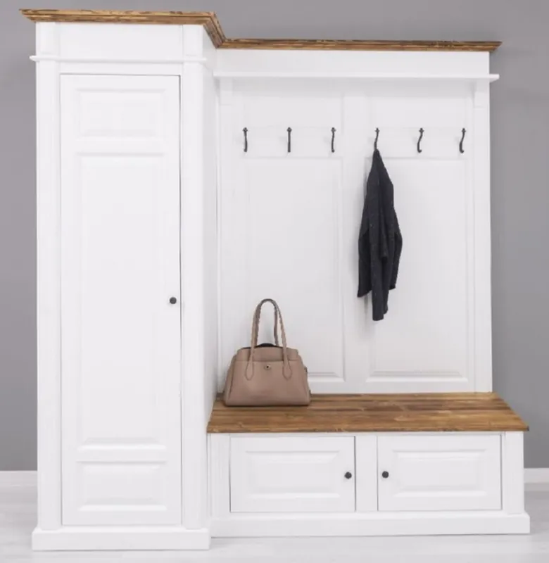 Casa Padrino Landhausstil Garderobenschrank Weiß / Braun 205 x 65 x H. 210 cm - Massivholz Garderobe - Flur Schrank - Flurmöbel - Garderoben Möbel - Massivholz Möbel - Landhausstil Möbel Kracherpreis