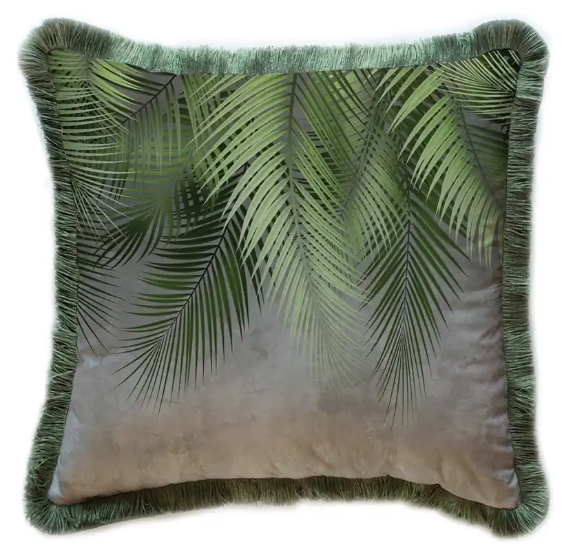 Casa Padrino Luxus Deko Kissen Palmenblätter Grau / Grün 45 x 45 cm - Bedrucktes Samt Kissen mit Fransen - Luxus Deko Accessoires Nur Heute