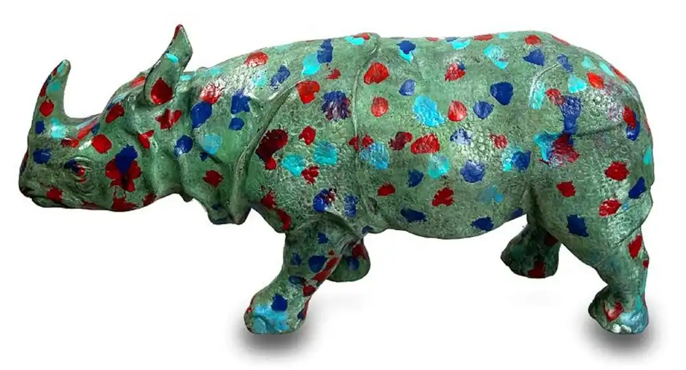 Casa Padrino Luxus Designer Deko Bronze Skulptur Nashorn Grün / Mehrfarbig 35 x 7 x H. 17 cm - Handgefertigte Bronze Deko Figur - Schreibtisch Deko - Luxus Qualität - Made in Italy Top-Angebot