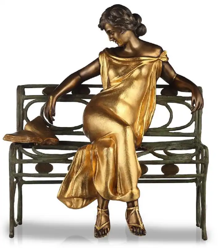 Casa Padrino Luxus Jugendstil Skulptur Dame auf Sitzbank Bronze mit Patina / Gold / Antik Grün H.65 cm - Handgefertigte Bronze Deko Figur - Luxus Qualität - Made in Italy Günstig