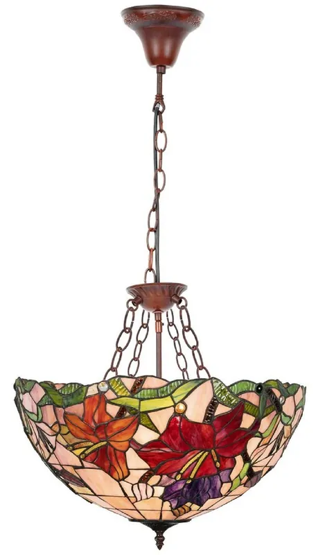 Casa Padrino Luxus Tiffany Hängeleuchte Mehrfarbig / Braun Ø 50 x H. 80 cm - Art Deco Tiffany Hängelampe - Wohnzimmer Hängeleuchte - Deko Hängeleuchte - Luxus Tiffany Leuchten - Art Deco Leuchten Markenprodukt
