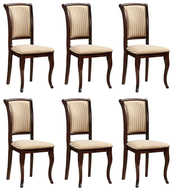 Bestpreis Casa Padrino Jugendstil Esszimmer Stuhl 6er Set Creme / Gold / Dunkelbraun 44 x 44 x H. 96 cm - Elegante Massivholz Küchen Stühle mit Streifen - Barock & Jugendstil Esszimmer Möbel