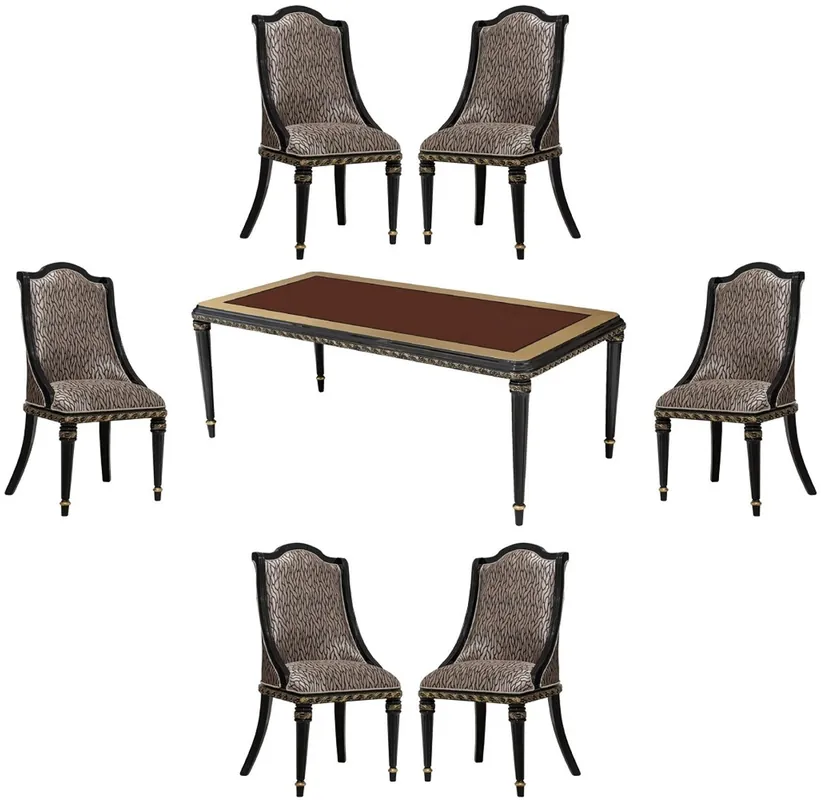 Casa Padrino Luxus Barock Esszimmer Set Silber Muster / Braun / Schwarz / Gold - 1 Barock Esstisch & 6 Barock Esszimmerstühle - Luxus Esszimmer Möbel im Barockstil - Barock Esszimmer Möbel Wochenendangebot