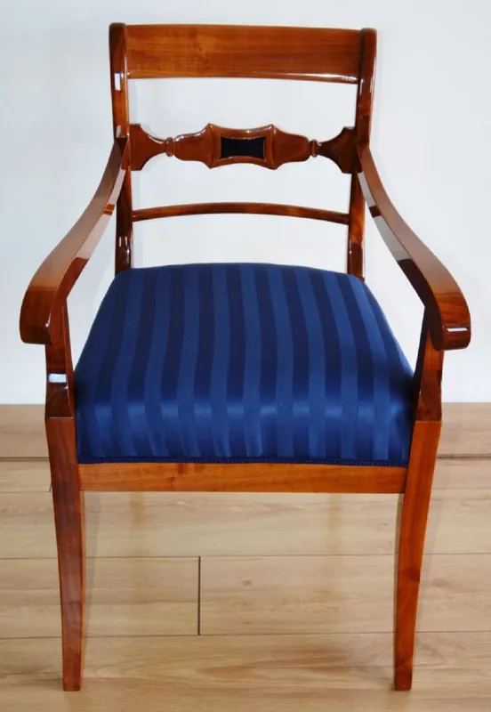 Begrenztes Angebot Casa Padrino Luxus Biedermeier Esszimmer Stuhl mit Armlehnen und Streifen Braun / Blau 58 x H. 92 cm - Massivholz Küchen Stuhl - Massivholz Esszimmer Möbel - Biedermeier Esszimmer Möbel