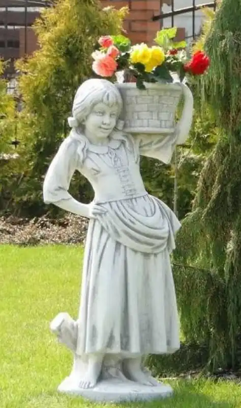 Casa Padrino Jugendstil Skulptur Mädchen mit Blumentopf Grau 50 x 40 x H. 67 cm - Elegante Garten Deko Stein Figur mit Pflanzentopf - Barock & Jugendstil Garten Deko Accessoires Solange Der Vorrat Reicht
