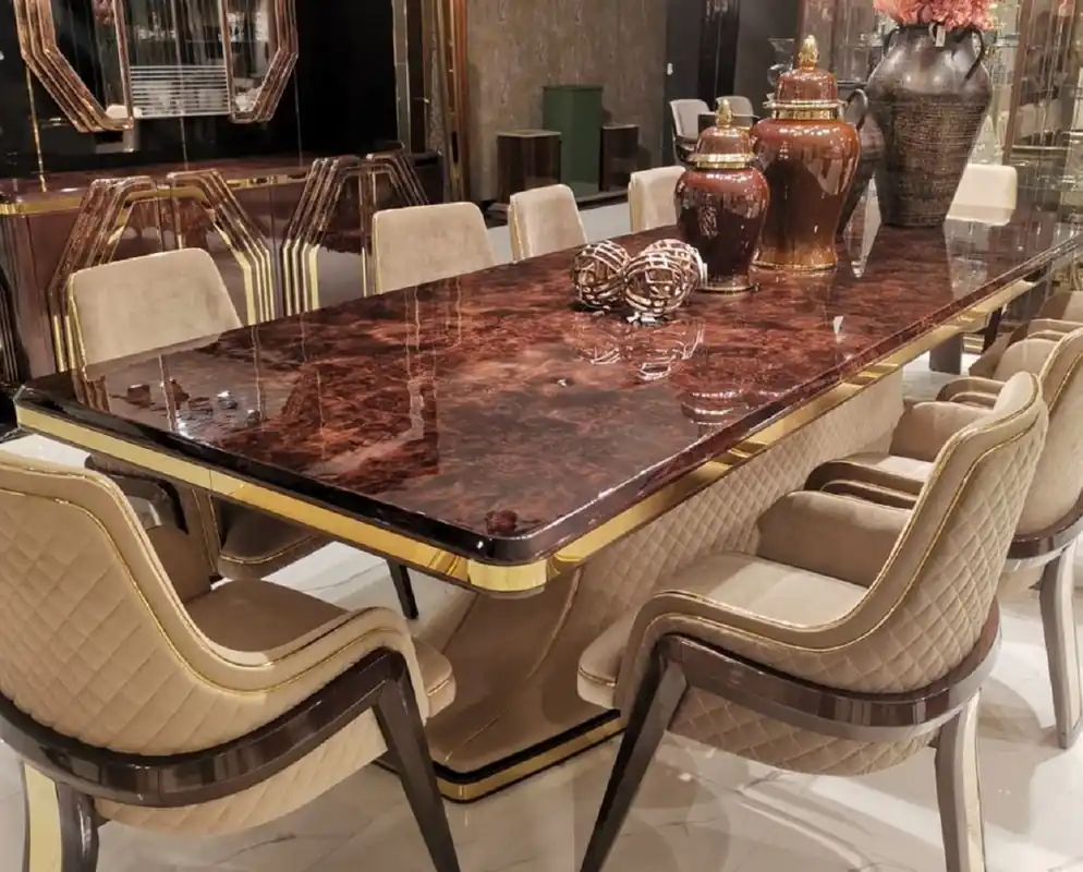 Casa Padrino Luxus Art Deco Esstisch Braun / Beige / Gold 226 x 112 x H. 70 cm - Massivholz Küchentisch mit Tischplatte in Marmoroptik - Esszimmer Möbel - Art Deco Möbel - Luxus Möbel Preiswert