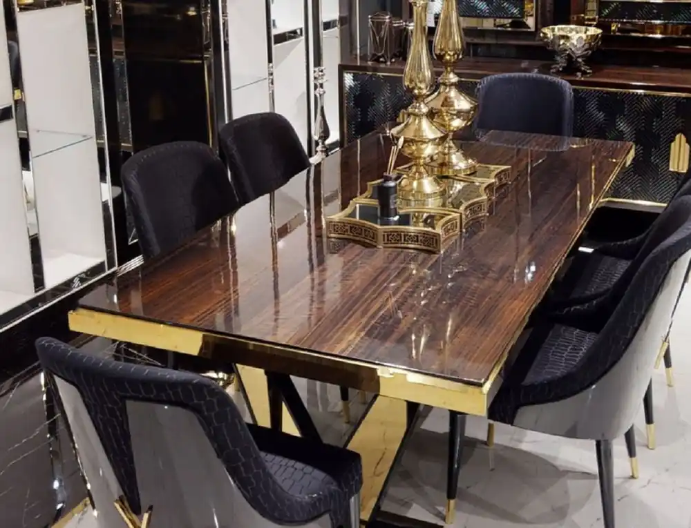 Preisknaller Casa Padrino Luxus Esstisch Dunkelbraun / Gold 220 x 110 x H. 81 cm - Rechteckiger Massivholz Küchentisch - Esszimmer Möbel - Luxus Möbel - Luxus Einrichtung