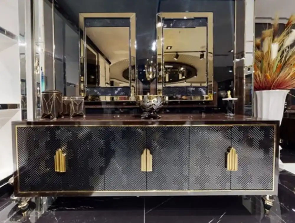 Casa Padrino Luxus Möbel Set Dunkelbraun / Schwarz / Gold - 1 Luxus Sideboard mit 6 Türen & 2 Luxus Wandspiegel - Luxus Möbel - Luxus Einrichtung Echt