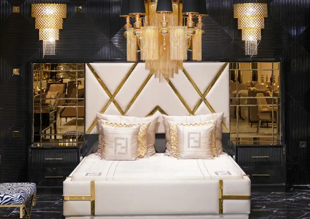 Casa Padrino Luxus Schlafzimmer Set Creme / Schwarz / Gold - 1 Doppelbett mit verspiegeltem Kopfteil & 2 Nachtkommoden - Luxus Schlafzimmer Möbel - Luxus Schlafzimmer Einrichtung Jetzt Kaufen