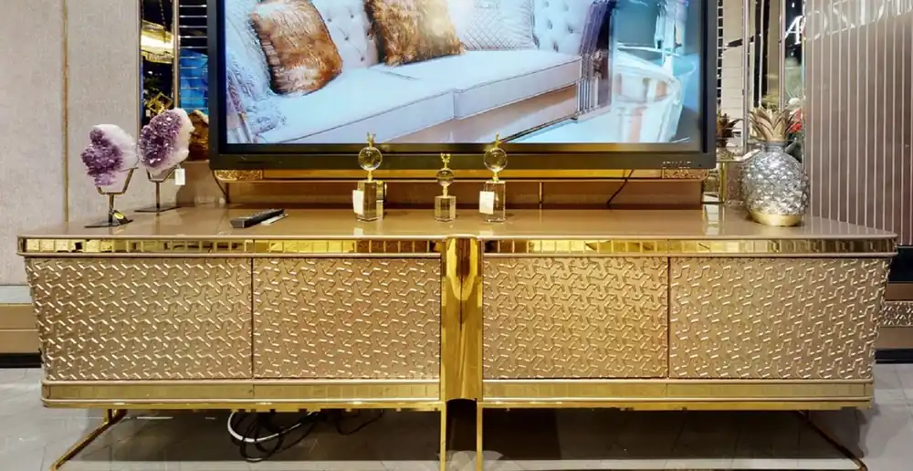 Meistverkauft Casa Padrino Luxus TV Schrank Grau / Gold 254 x 50 x H. 65 cm - Massivholz Sideboard mit 4 Türen - Wohnzimmer Möbel - Luxus Möbel - Luxus Einrichtung