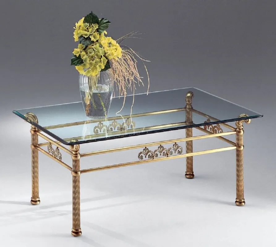 Casa Padrino Luxus Couchtisch Messing / Antik Bronze 120 x 70 x H. 50 cm - Rechteckiger Messing Wohnzimmertisch mit Glasplatte - Wohnzimmer Möbel - Luxus Qualität - Made in Italy Super-Preis