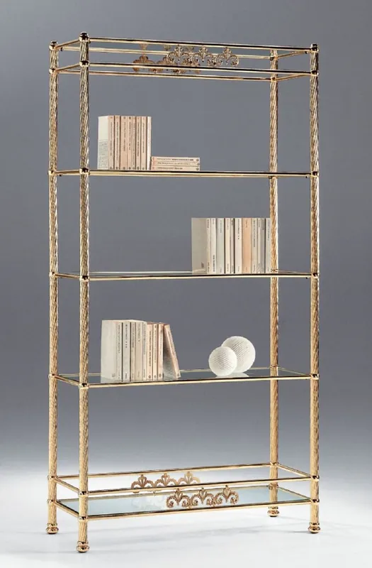 Casa Padrino Luxus Messing Regalschrank mit Glasregalen 90 x 36 x H. 170 cm - Bücherschrank - Wohnzimmer Schrank - Büro Schrank - Wohnzimmer Möbel - Büro Möbel - Luxus Qualität - Made in Italy Preis Gesenkt