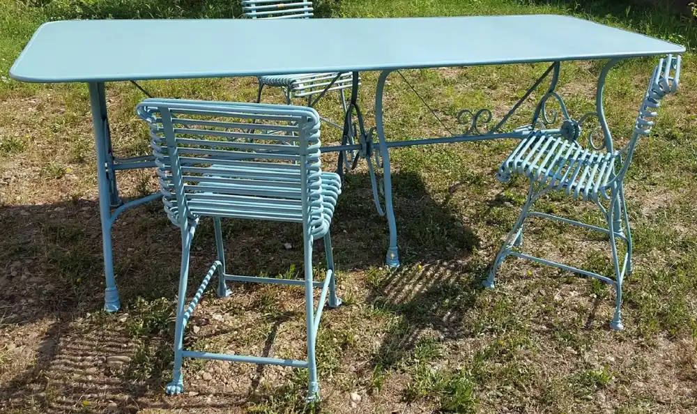Echt Casa Padrino Jugendstil Garten Esstisch Hellblau 250 x 90 x H. 75 cm - Nostalgischer Schmiedeeisen Gartentisch - Jugendstil Schmiedeeisen Garten Möbel - Nostalgische Garten Möbel