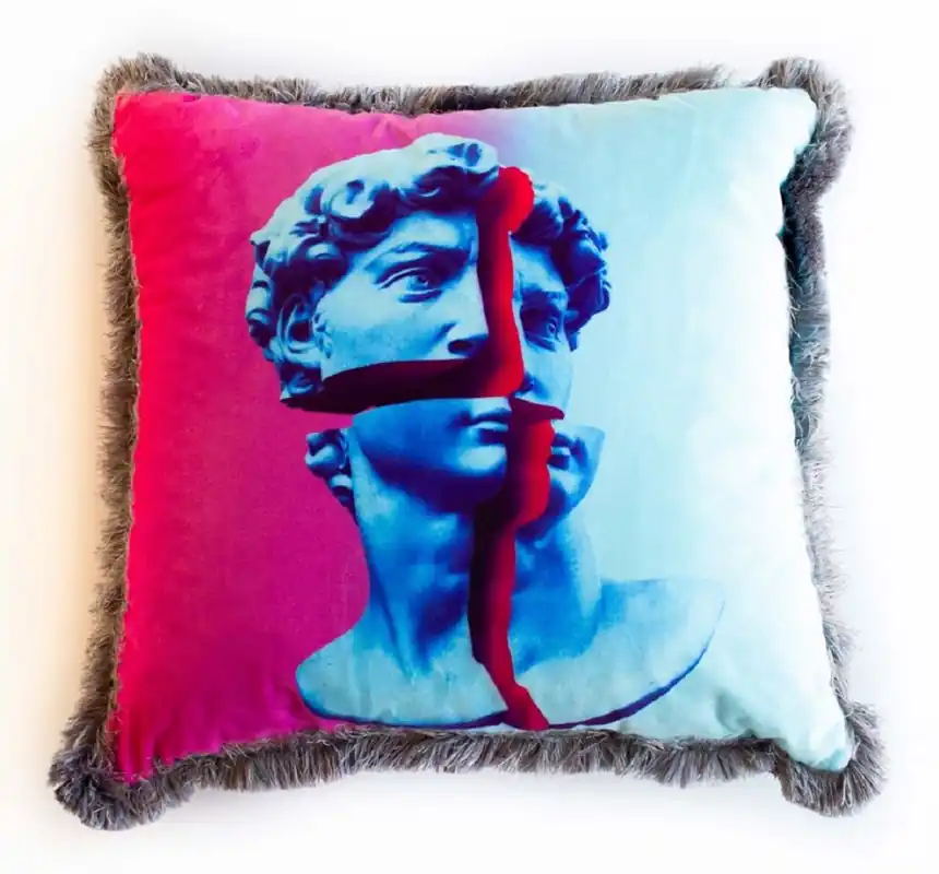 Zertifiziert Casa Padrino Luxus Deko Kissen Barock Büste Mehrfarbig / Grau 45 x 45 cm - Bedrucktes Samt Kissen mit Fransen - Luxus Deko Accessoires