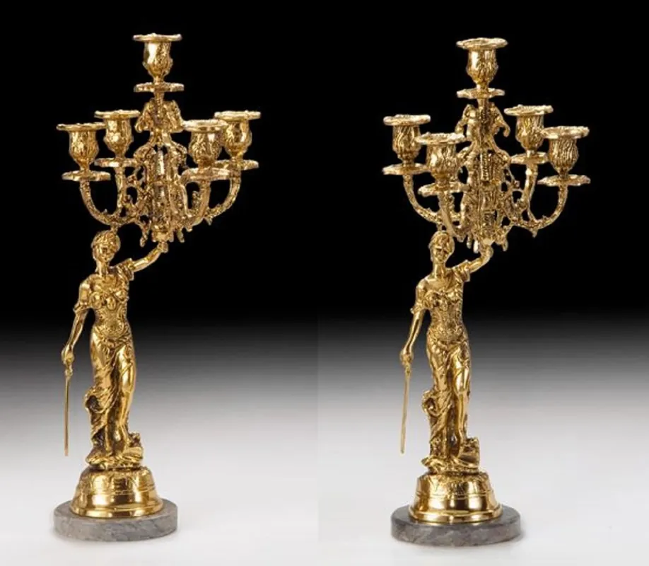 Casa Padrino Luxus Barock Kerzenhalter Set Gold / Grau Ø 22 x H. 48 cm - Handgefertigte Barockstil Bronze Kerzenständer - Barock Deko Accessoires - Barock Interior - Barock Möbel Abverkauf