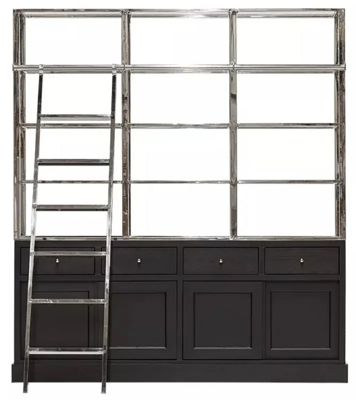 Casa Padrino Regalschrank mit Leiter Schwarz / Silber 219 x 43 x H. 240 cm - Bücherschrank - Wohnzimmer Schrank - Büro Schrank - Wohnzimmer Möbel - Büro Möbel - Luxus Möbel Sonderangebot