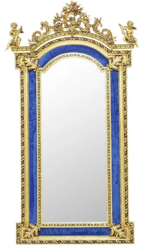Casa Padrino Barock Spiegel Gold / Blau - Barockstil Spiegel mit eleganten Verzierungen - Rechteckiger Barockstil Wandspiegel - Barock Garderoben Spiegel - Barock Möbel - Möbel Barockstil Direktkauf
